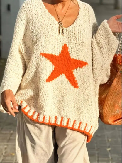 Star V-Neck Long Sleeve Sweater
