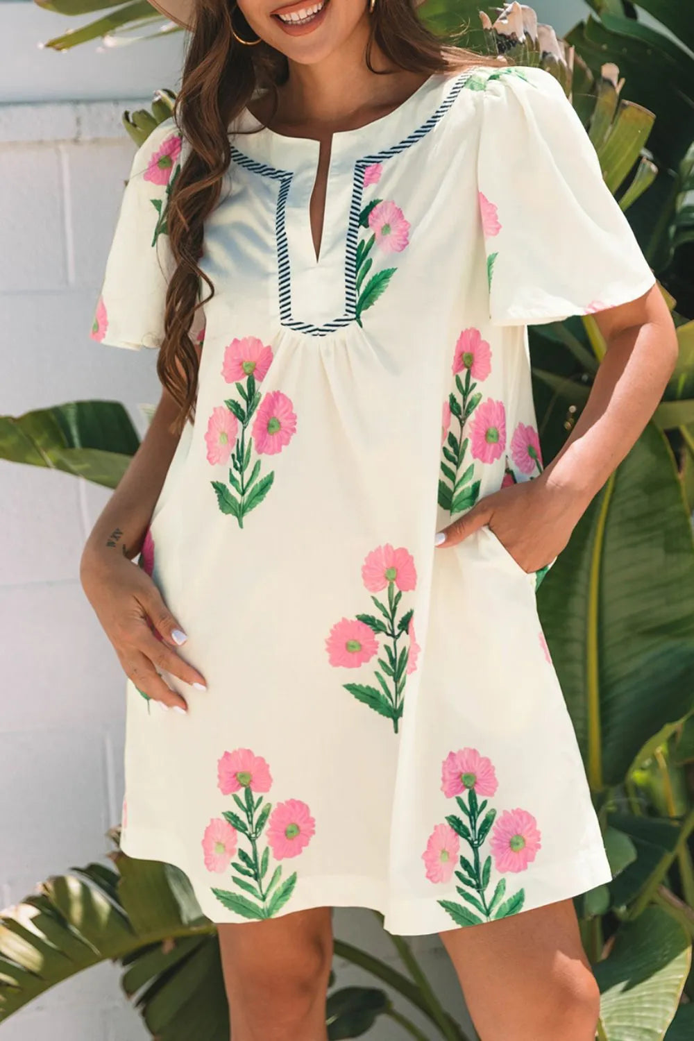 Floral Print Flutter Sleeve Summer Mini Dress