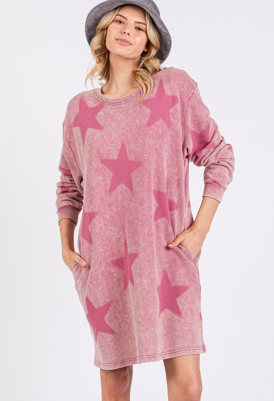 Washed Star Print Round Neck Dress