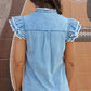 Raw Hem Button Up Cap Sleeve Denim Top