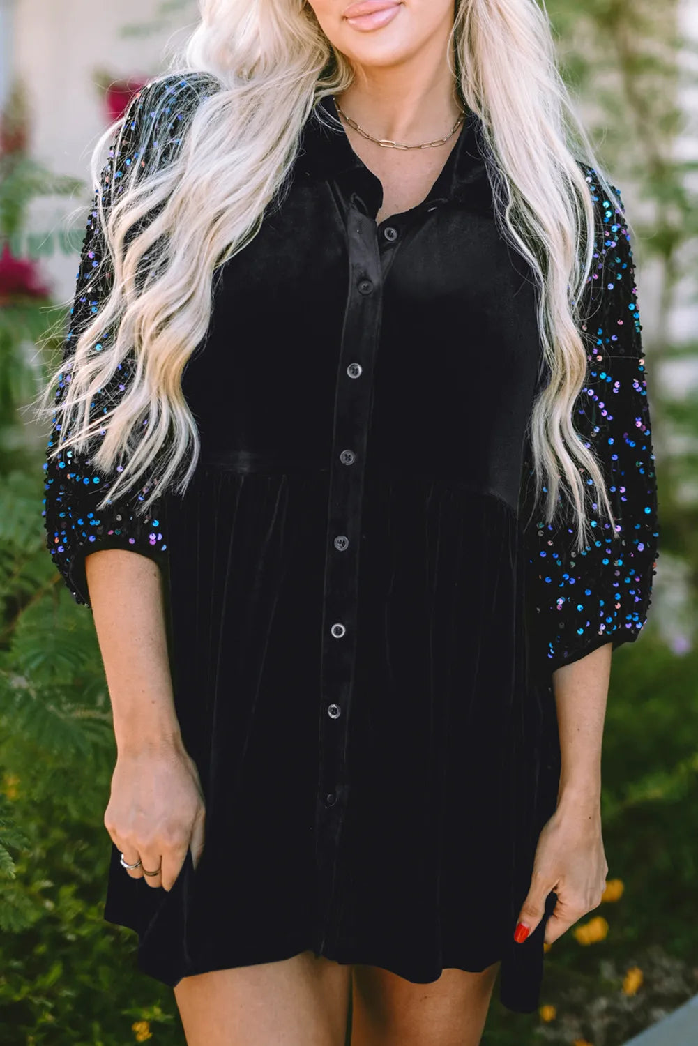 Sequin Collared Neck Three-Quarter Sleeve Oversize Shirt