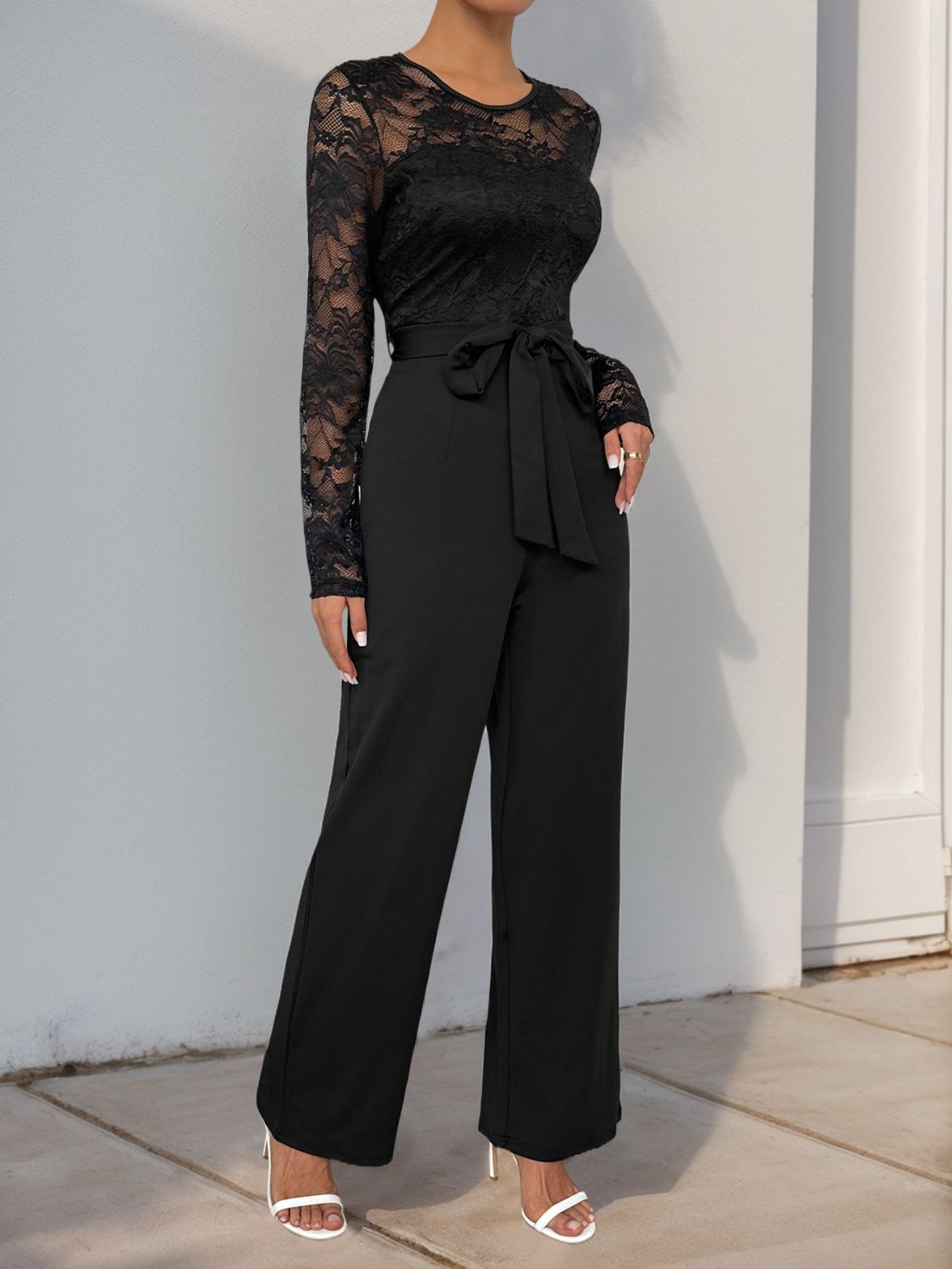 Lace Round Neck Long Sleeve Jumpsuit