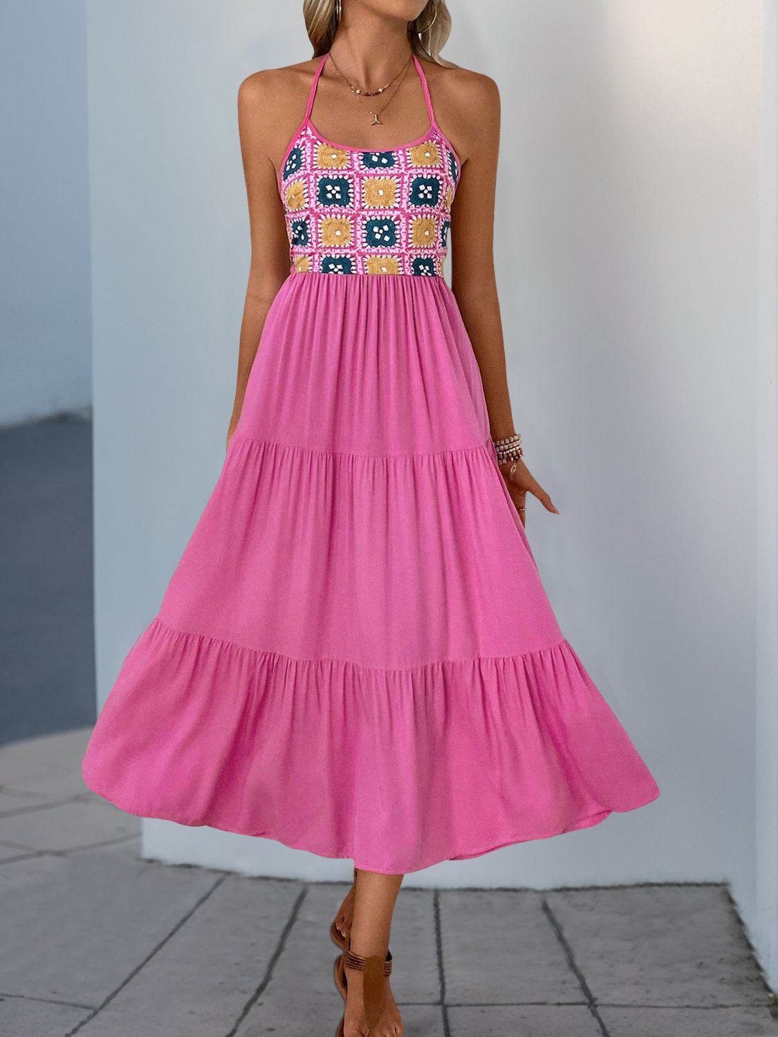 Printed Halter Neck Tiered Midi Dress