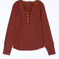 Waffle Knit Buttoned Notched Neck Long Sleeve T-Shirt