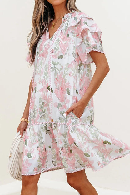 Floral Contrast Edge Layered Short Sleeve Mini Dress