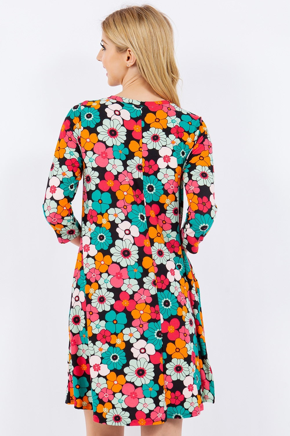 Floral Three-Quarter Sleeve Dress with Pockets