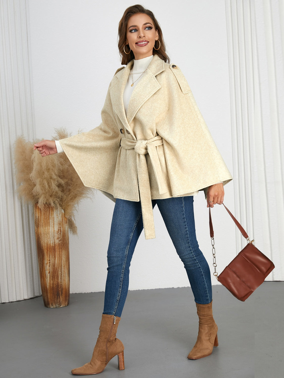 Double-Breasted Tie Waist Poncho