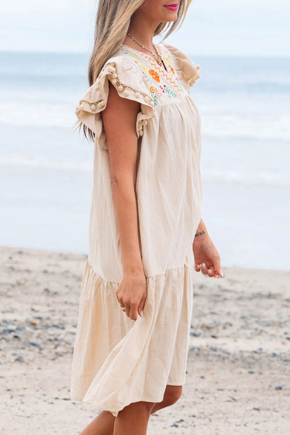 Floral Embroidery Pom Pom Ruffle Sleeves Mini Dress
