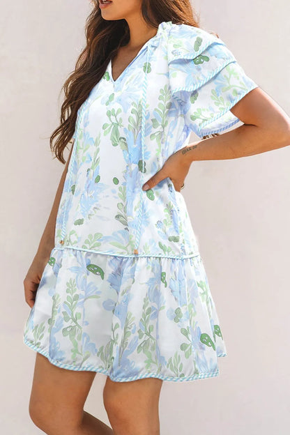 Floral Contrast Edge Layered Short Sleeve Mini Dress