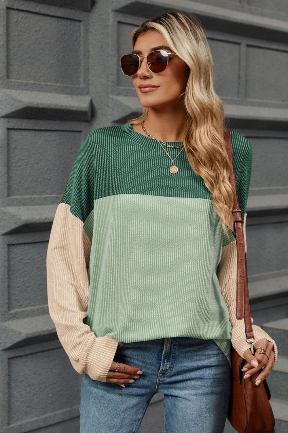 Contrast Round Neck Long Sleeve T-Shirt