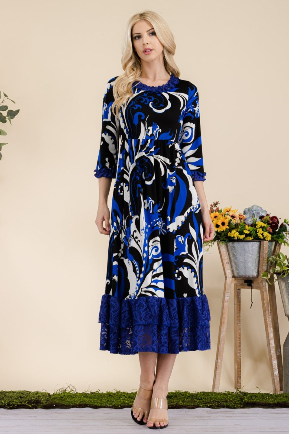 Paisley Print Lace Ruffled Midi Dress