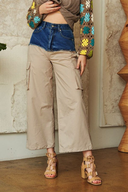 Denim Patchwork Wide Leg Pants with Cargo Pockets