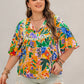 Plus Size Printed Tie Neck Half Sleeve Blouse