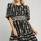 Ribbon Print Frill Contrast Velvet Trim Half Sleeve Dress