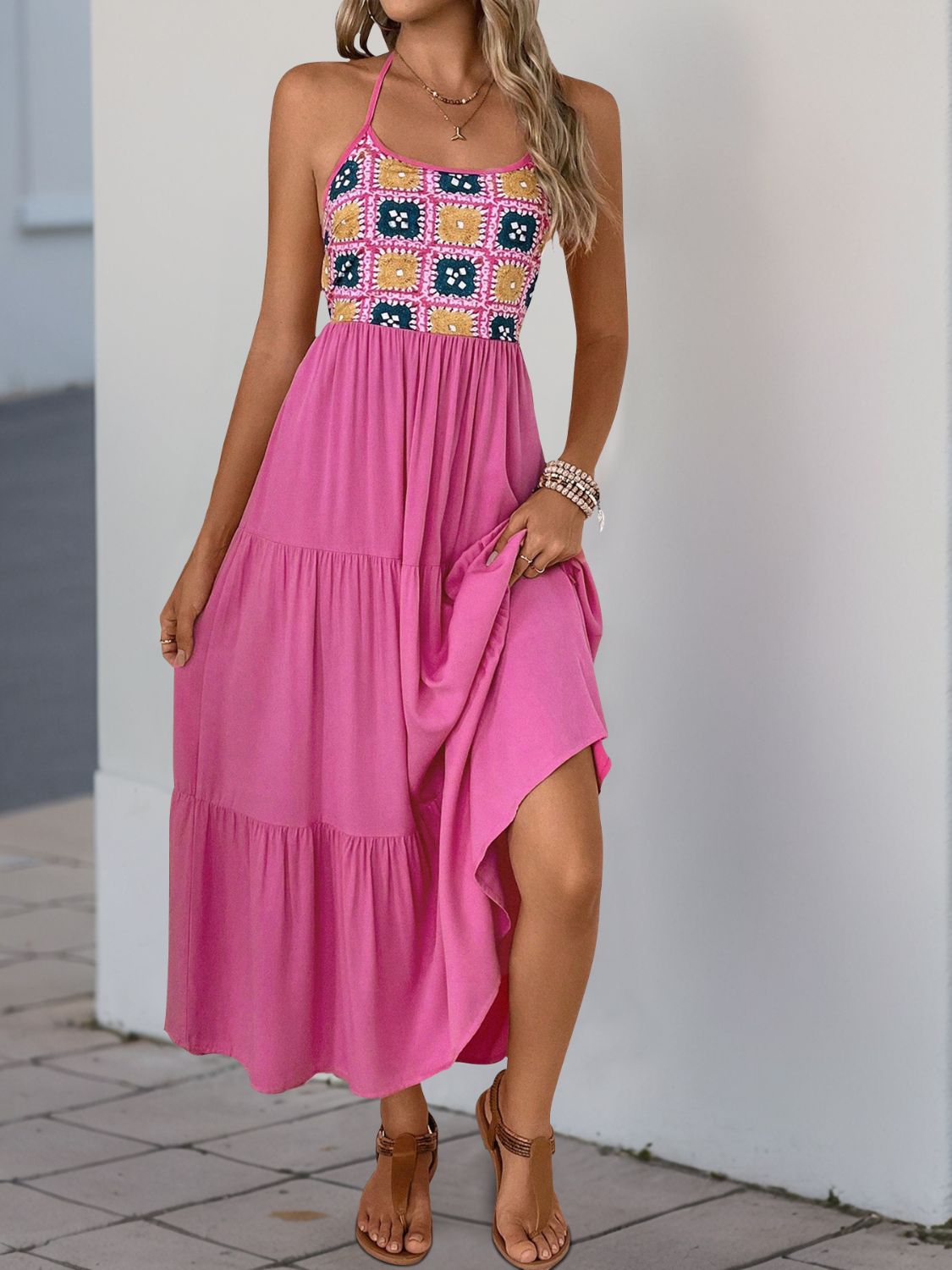 Printed Halter Neck Tiered Midi Dress