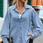 Collared Neck Lantern Sleeve Denim Top