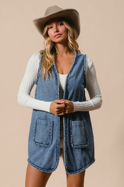 Braided Trim Open Front Denim Vest