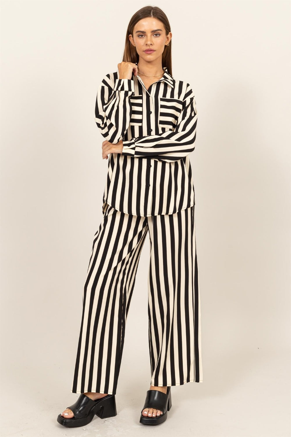 Striped Button Up Shirt and Pants Set