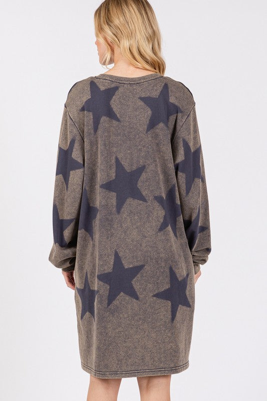 Washed Star Print Round Neck Dress