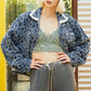 Flower Textured Raw Hem Long Sleeve Denim Jacket