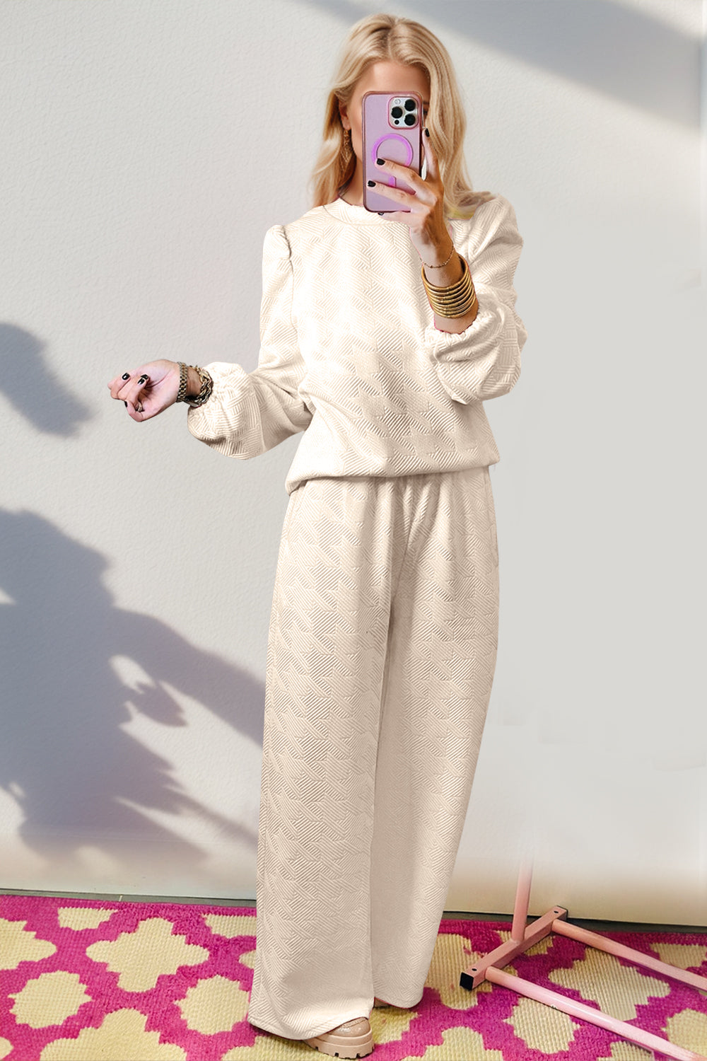 Texture Long Sleeve Top and Wide Leg Pants Set