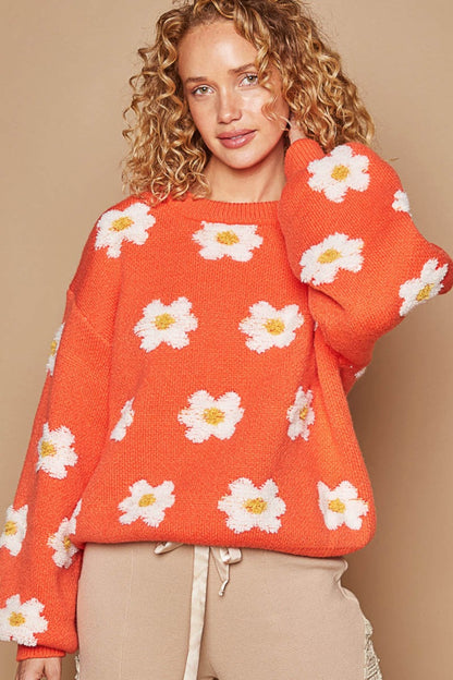 POL Daisy Pattern Drop Shoulder Sweater