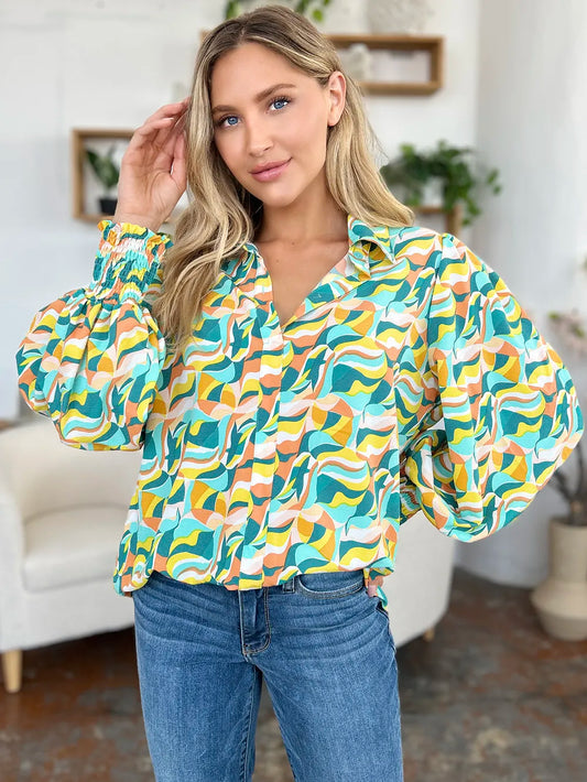 Printed Smocked Long Sleeve Blouse