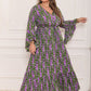 Plus Size Printed V-Neck Long Sleeve Maxi Dress