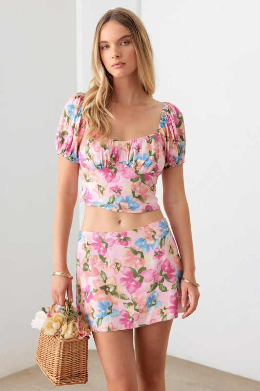Floral Puff Sleeve Crop Top and Mini Skirt Set