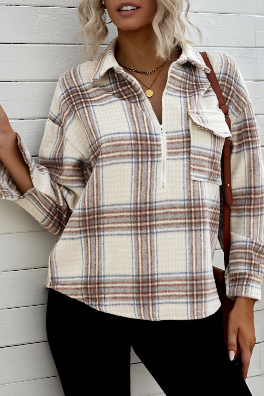 Plaid Half-Zip Collared Curved Hem Sweatshirt