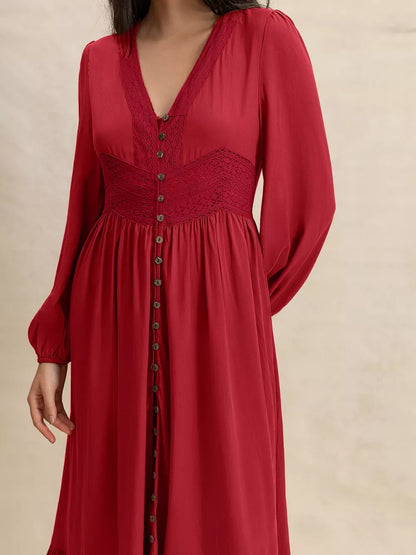 V-Neck Balloon Sleeve Ruffled Hem Maxi Dress