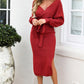 Surplice Neck Bow Waist Slit Sweater Dress