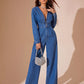 Plunge Long Sleeve Wide Leg Denim Jumpsuit