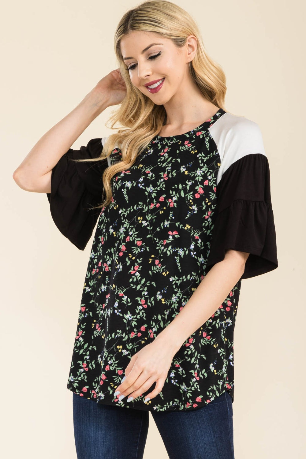 Floral Contrast Bell Sleeve Top