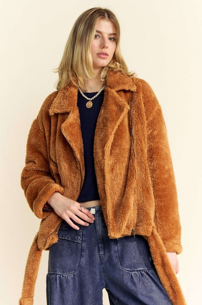 Fuzzy Zip Up Collared Neck Jacket