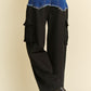 Denim Patchwork Wide Leg Pants with Cargo Pockets