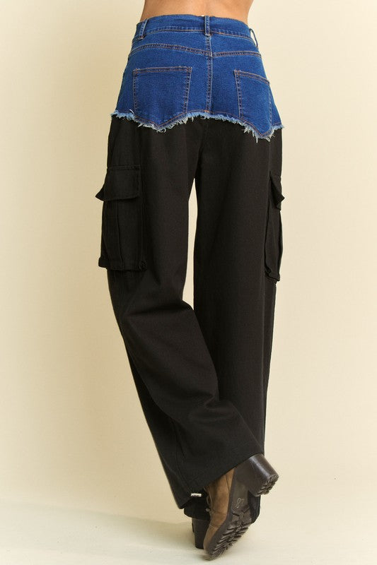 Denim Patchwork Wide Leg Pants with Cargo Pockets