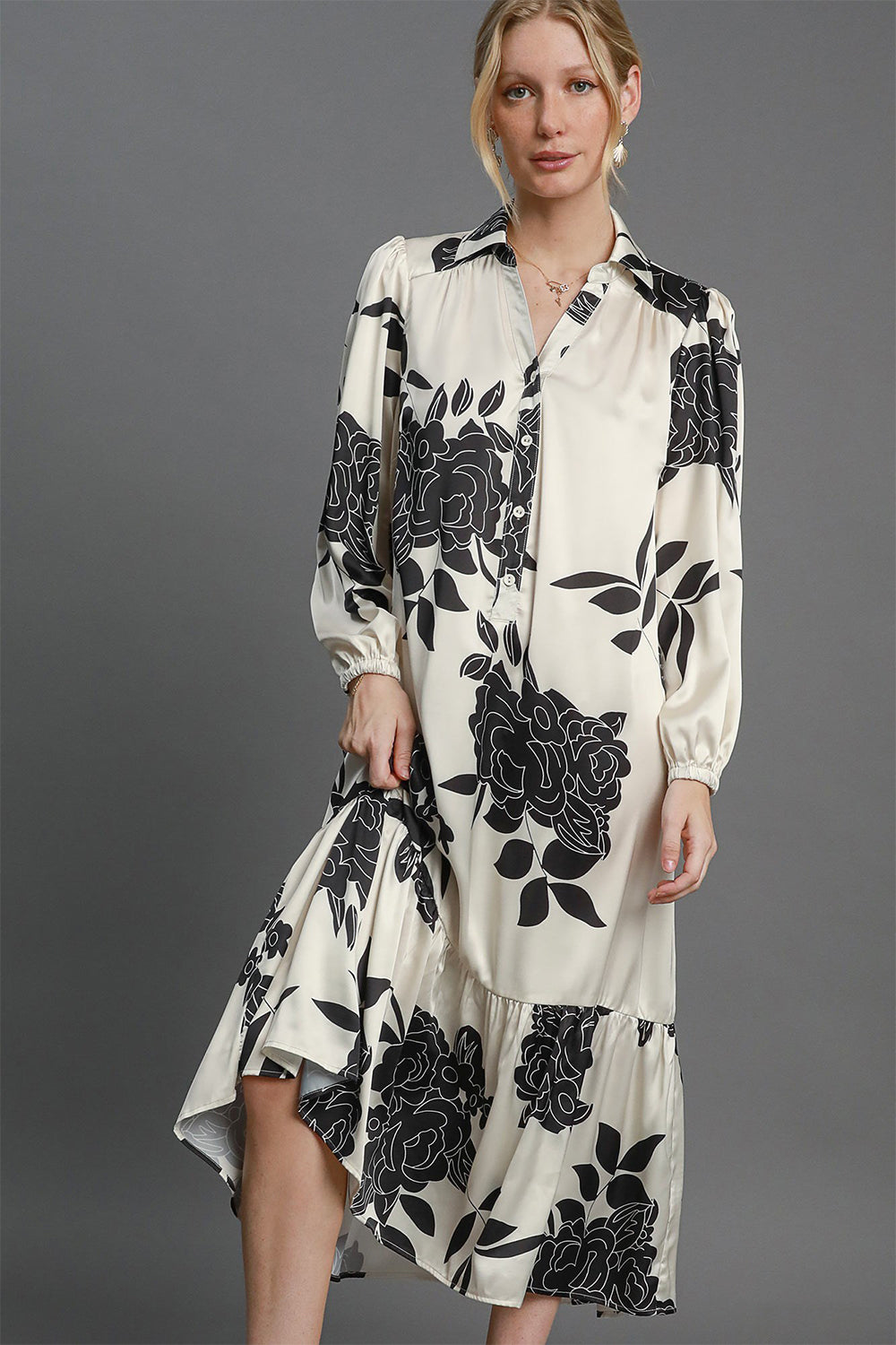 Ruffle Hem Flower Print Johnny Collar Dress