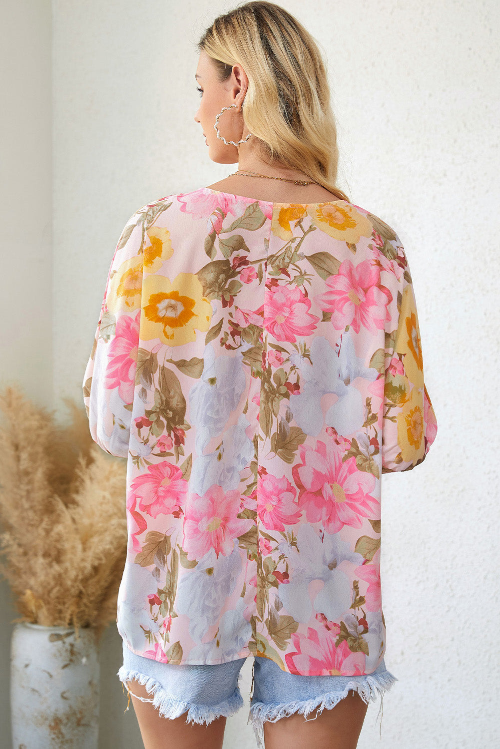 Floral Round Neck Three-Quarter Sleeve Top