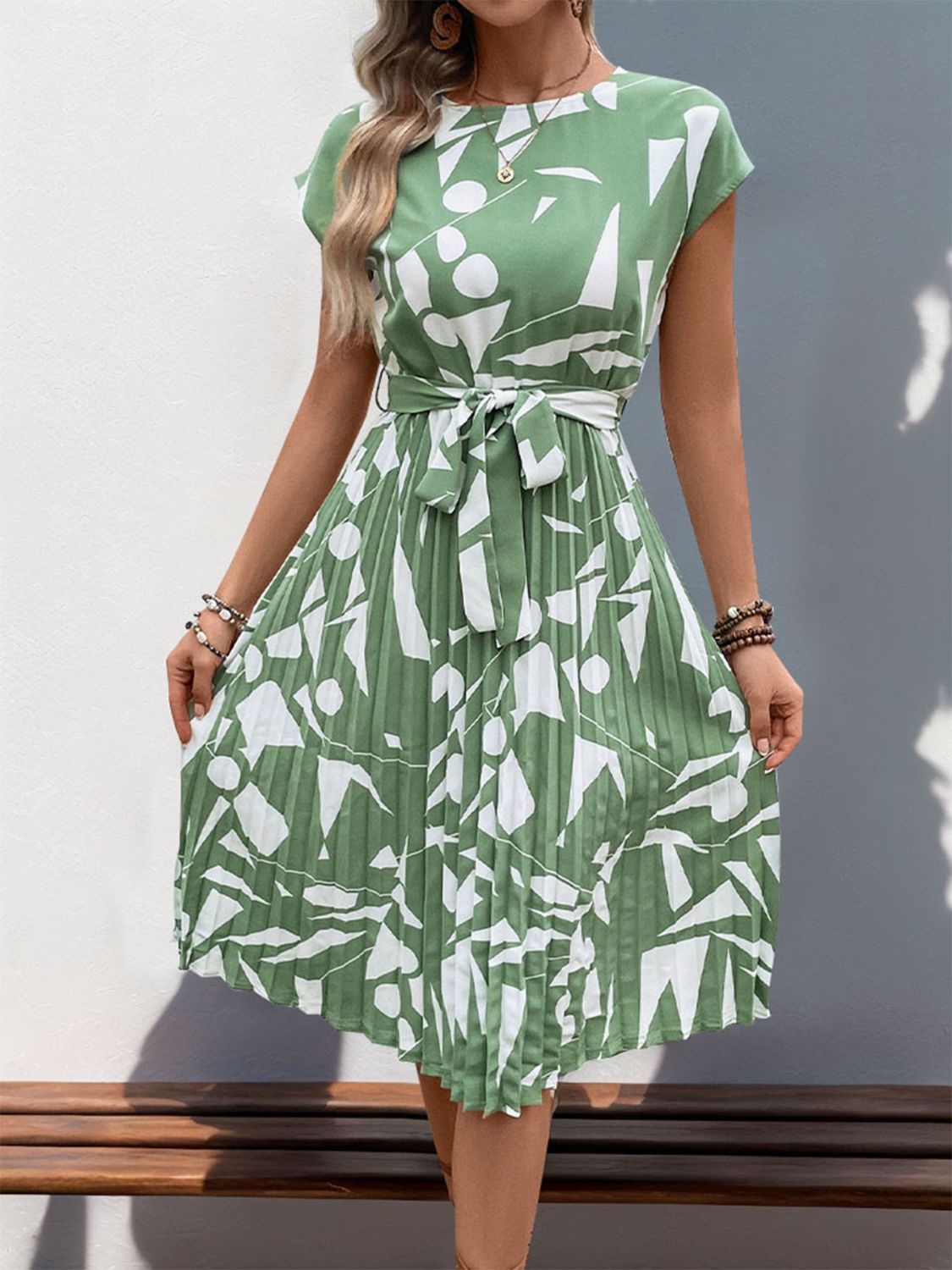 Tied Pleated Printed Cap Sleeve Dress