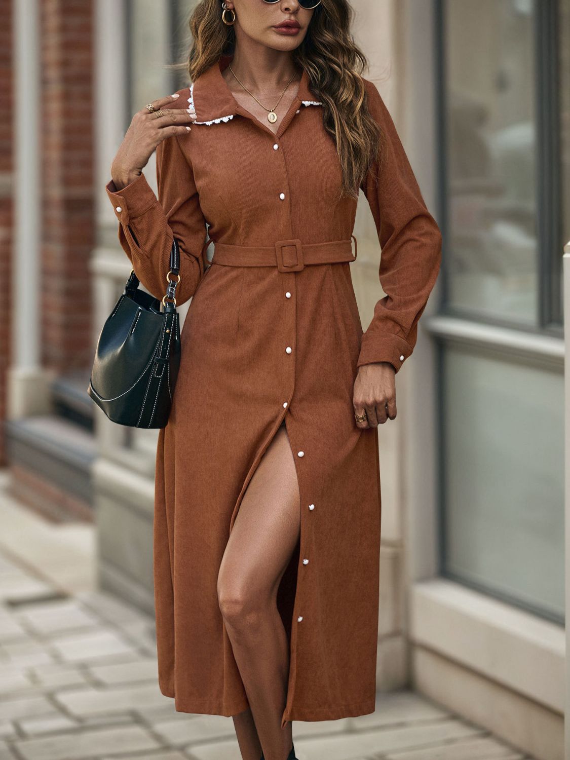 Lace Detail Collared Neck Long Sleeve Midi Dress