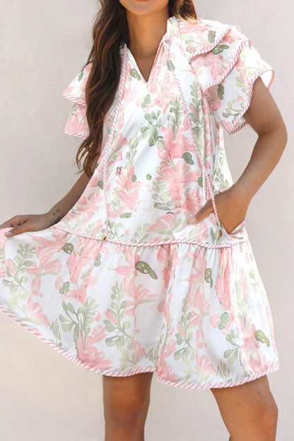 Floral Contrast Edge Layered Short Sleeve Mini Dress