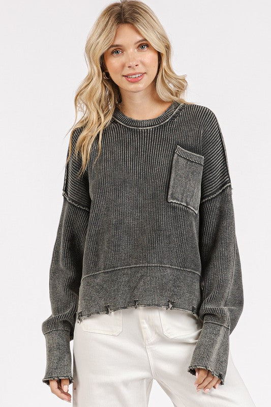 Distressed Hem Round Neck Dropped Shoulder Sweater