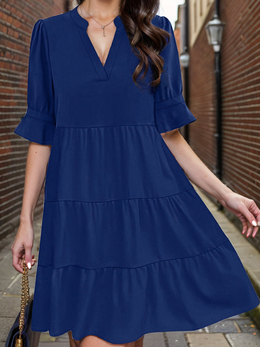 Tiered Notched Half Sleeve Dress