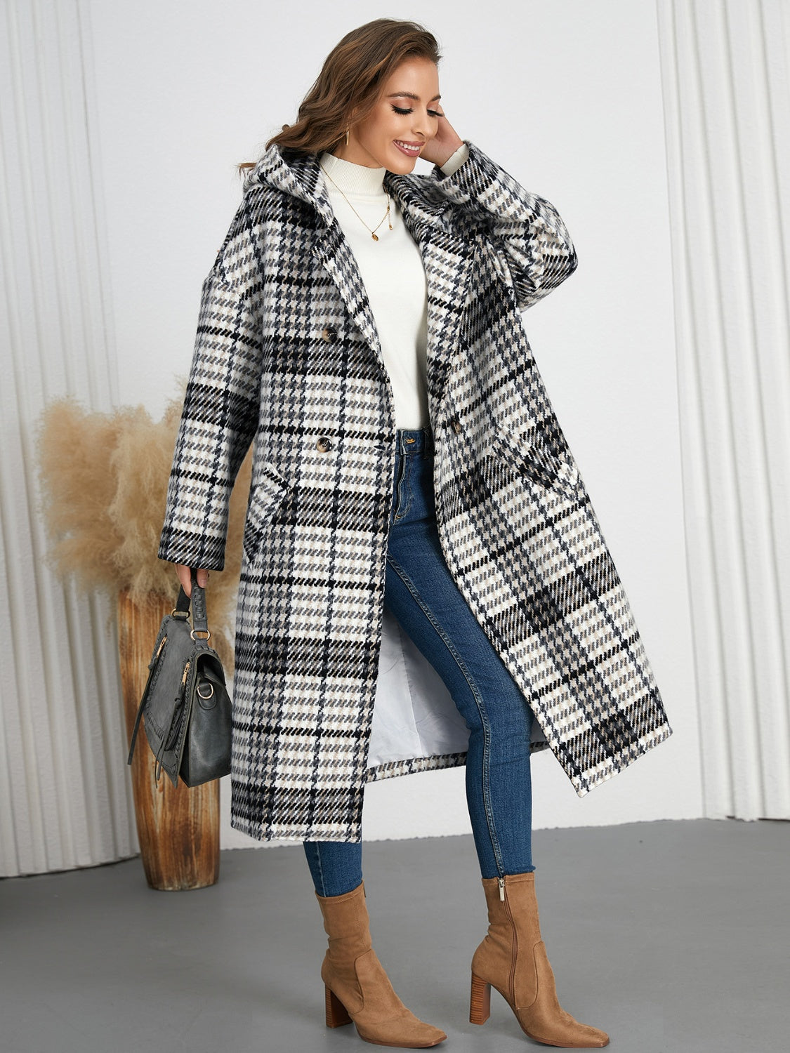 Plaid Double-Breasted Long Sleeve Longline Coat