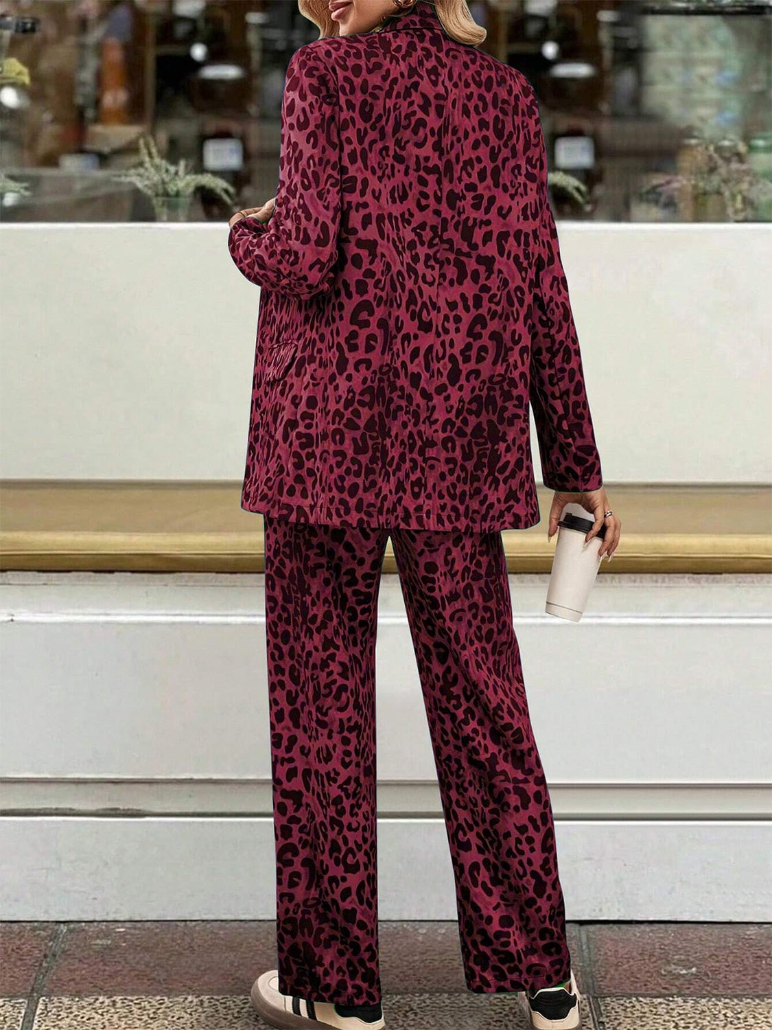 Leopard Lapel Collar Long Sleeve Blazer and Pants Set