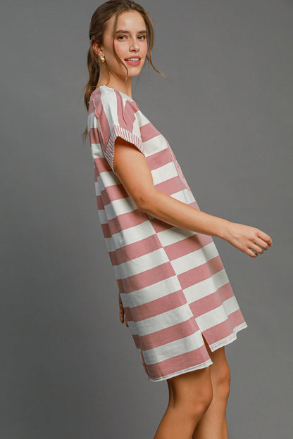 Peace Applique Striped Short Sleeve Mini Dress