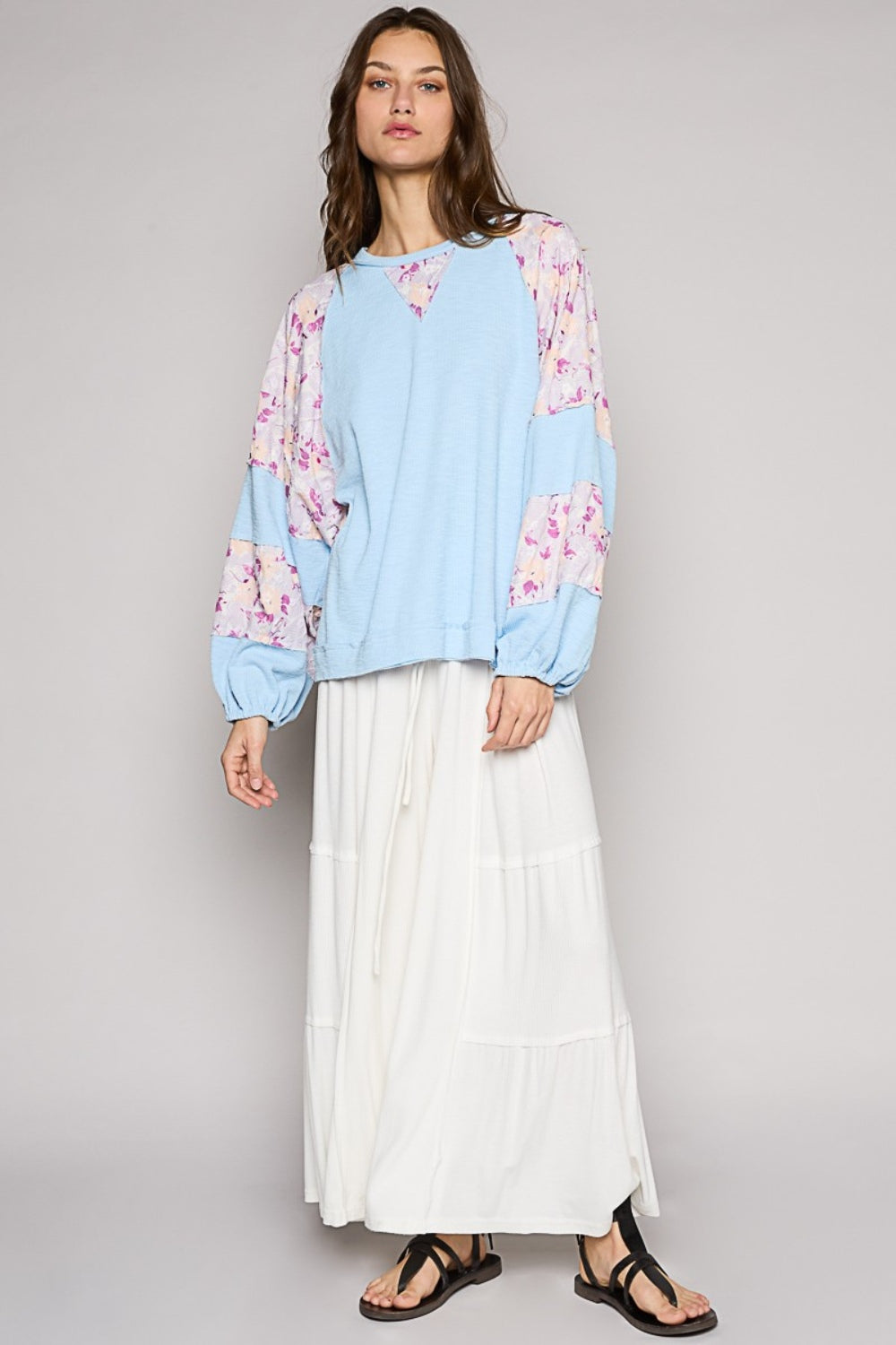 Round Neck Balloon Floral Long Sleeve Top