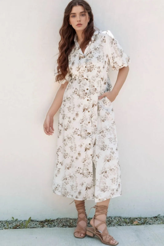 Printed Button Front Puff Sleeve Dress