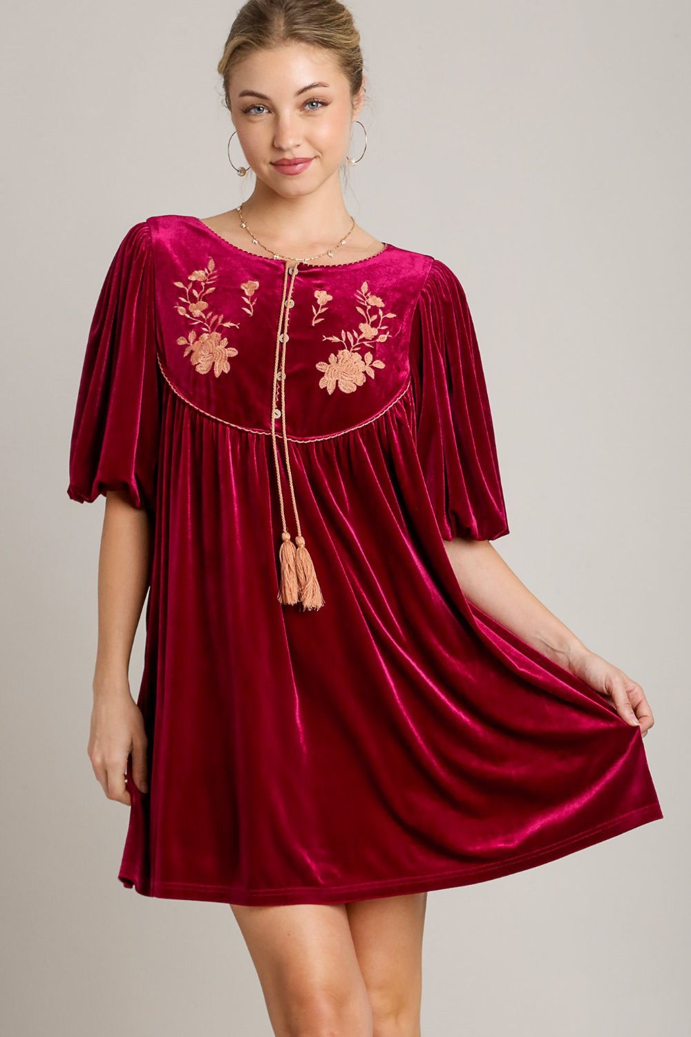 Embroidered Half Sleeve Velvet Mini Dress with Tassel